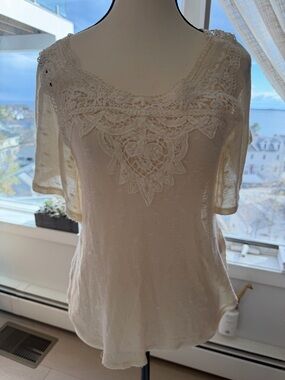 Deletta Cream Crochet Lace Yoke Short Sleeve Top-s Anthropologie
